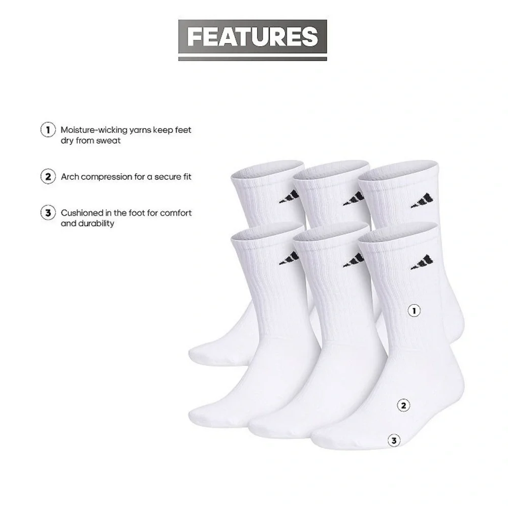 ADIDAS• ATHLETIC CUSHIONED CREW  SOCKS • 6 PAIRS